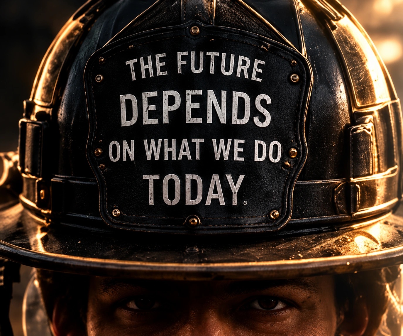 Illustrated firefighter helmet bearing the words: The future depends on what we do today