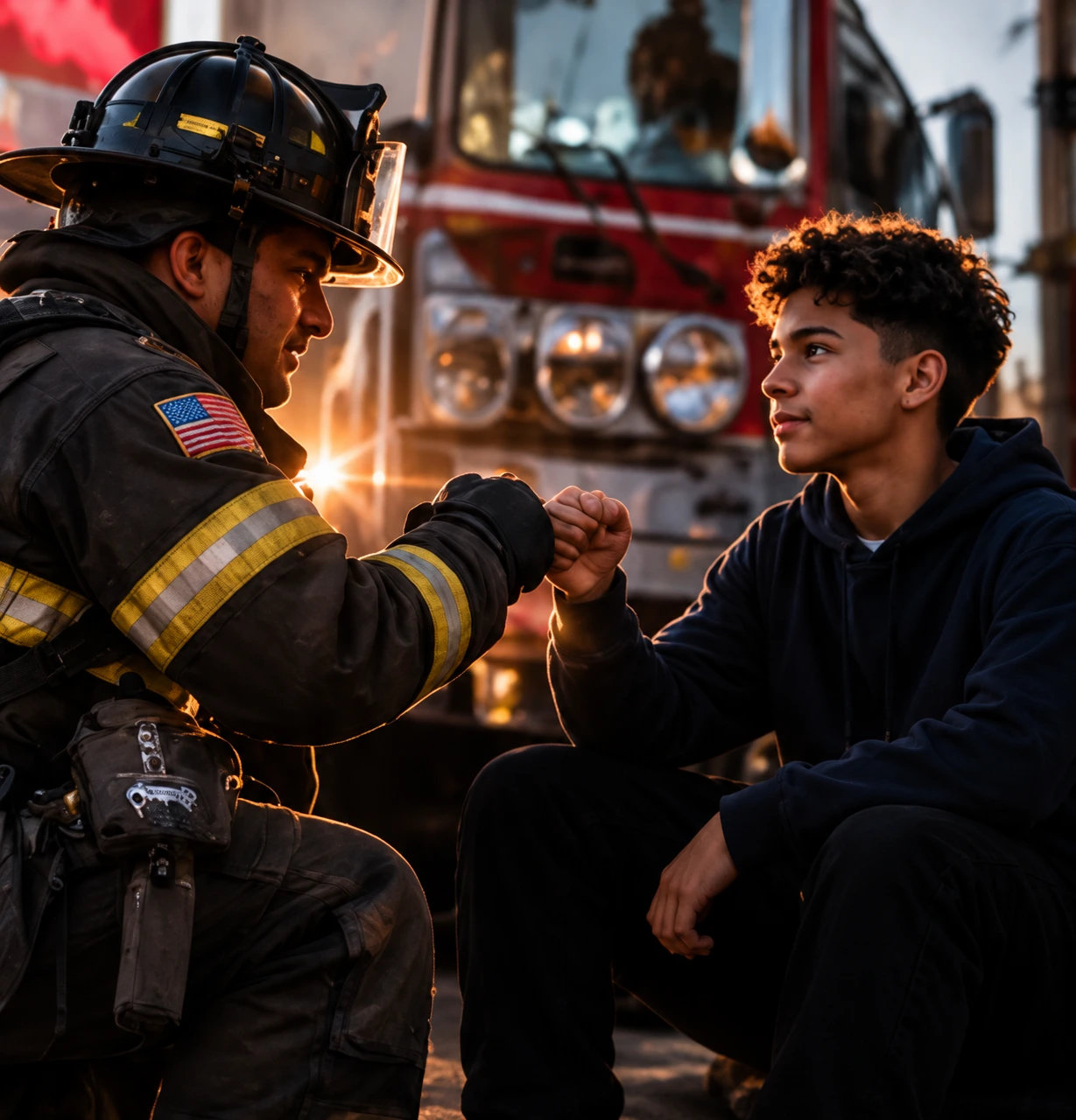 Illustration of a firefighter mentor and a young student sharing a fist bump beside a fire engine