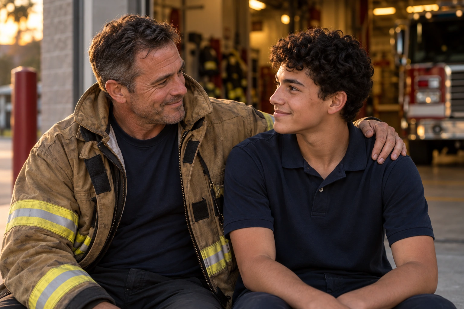 Illustration of a firefighter mentor encouraging a teenage student with a hand on his shoulder