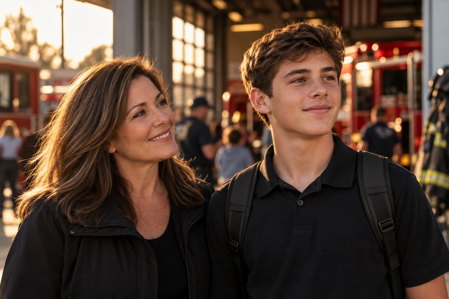 Illustration of a mother and teenage son looking ahead together at a fire station